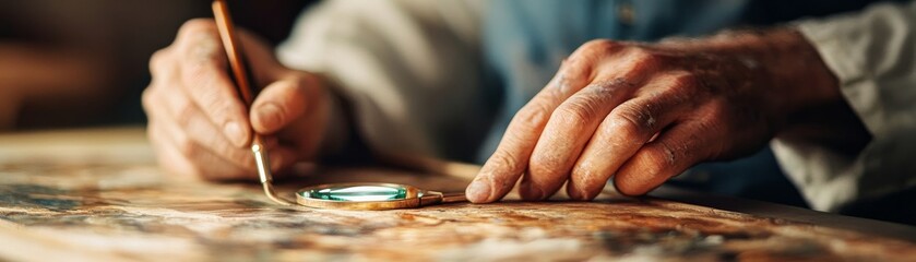 Obraz premium Close-up Weathered hands with a fine brush and elegant gold loupe meticulously work on an intricate surface, embodying artisan skill and dedicated precision. Art, Craft