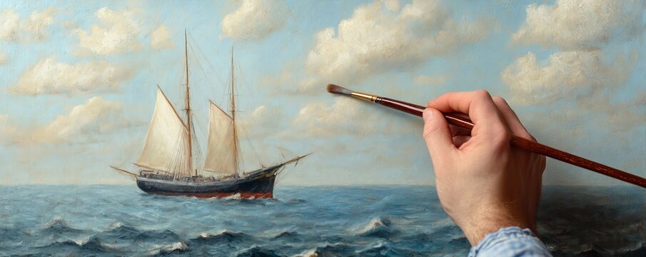 Creative process A hand with a paintbrush adds clouds to an oil painting of a two-masted schooner sailing on rough seas under a sky. Reality meets art., art, creation
