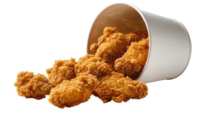 Crispy golden fried chicken wings spilling from a white paper bucket, isolated on transparent background