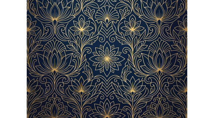 Seamless luxury floral damask pattern with golden intricate botanical ornaments on a dark navy blue background © S.Siam