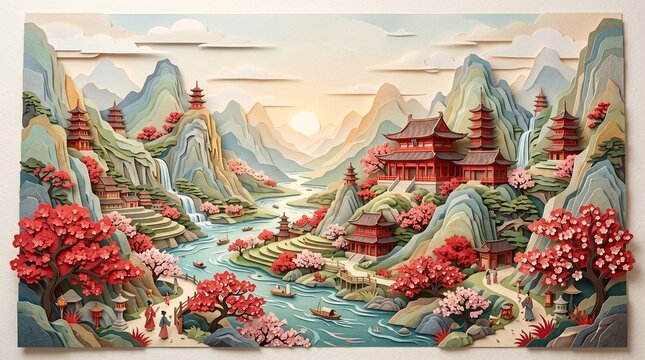 Fantasy Oriental Landscape with Blossoms

