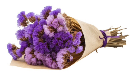 Purple dried statice flowers bouquet wrapped in brown paper tied with ribbon, isolated on transparent background © Alexa