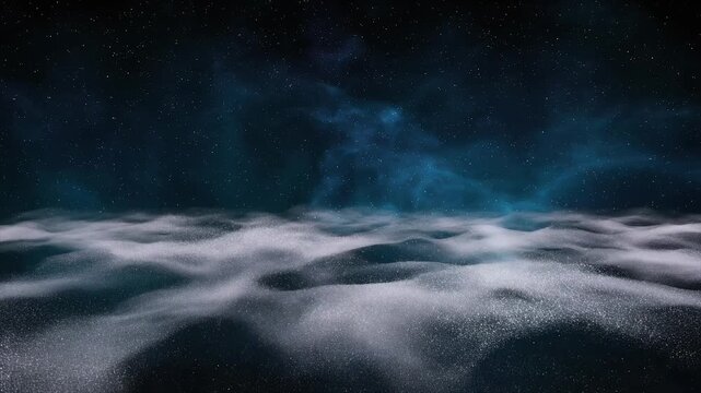 Soft drifting clouds pale silver dust suspended deep space tiny particles flickering cinematic ambience