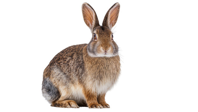 Brown rabbit with long ears sitting, isolated on transparent background