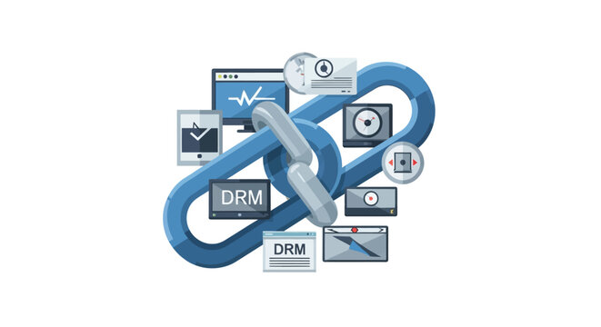 Digital Rights Management (DRM) Concept with Chain Links and Interface Icons for Cybersecurity and Content Protection