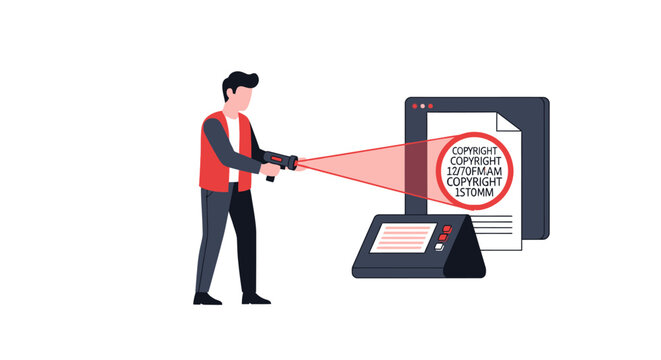 Digital Copyright Protection and Plagiarism Detection Concept with Professional Using Laser Scanner on Document Vector Illustration
