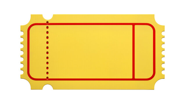 Yellow raffle ticket with red border and perforation, isolated on transparent background