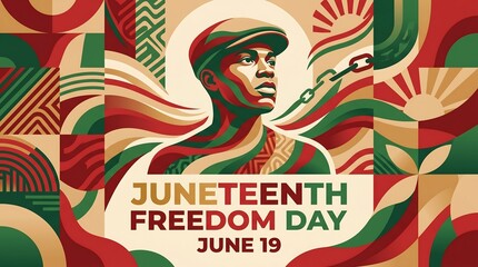Fototapeta premium Juneteenth Freedom Day illustration, African American man with broken chains, geometric abstract poster for June 19 celebration and Black history