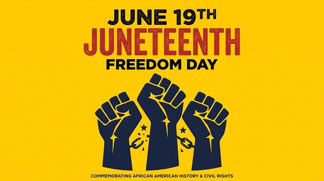 Juneteenth Freedom Day banner, June 19th African American history and civil rights poster, raised fist with broken chains on yellow background