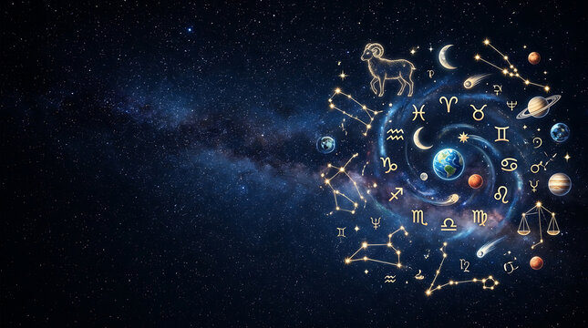 Golden zodiac signs and planets orbiting earth in deep space