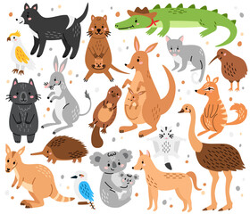 Obraz premium Set Australian wildlife animals in hand-drawn style. Vector illustration for educational materials, children's books, travel brochures, zoo signage and Australian merchandise.