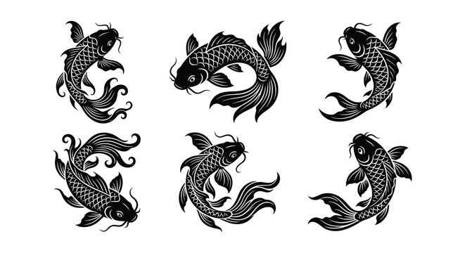 Eight koi fish silhouettes on white background