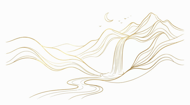Gold line art mountain landscape with waterfall