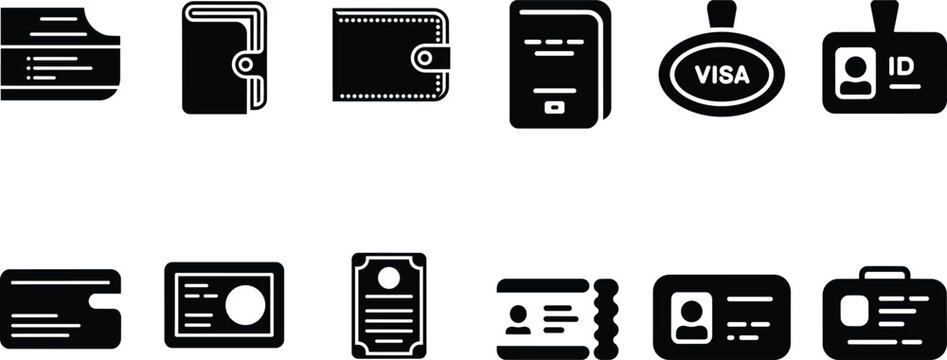 Modern black identification and finance icons set featuring documents, wallets, cards, and tickets and document and id in solid style