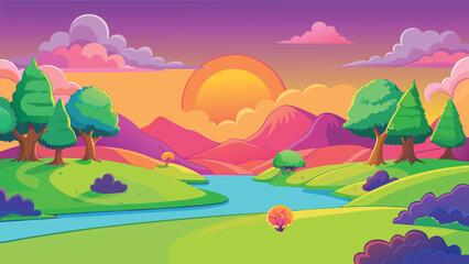 Obraz premium Pixel art landscape with a river flowing through green hills and mountains under a colorful sunset sky Vector