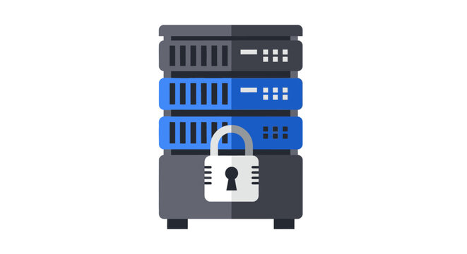 Secure Server Rack Illustration with Padlock Icon Representing Data Protection and Cybersecurity Infrastructure