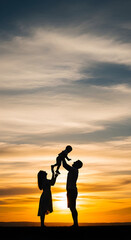 Fototapeta premium Happy Family Silhouette Sunset Joyful Childhood Childhood Playtime Childhood Fun