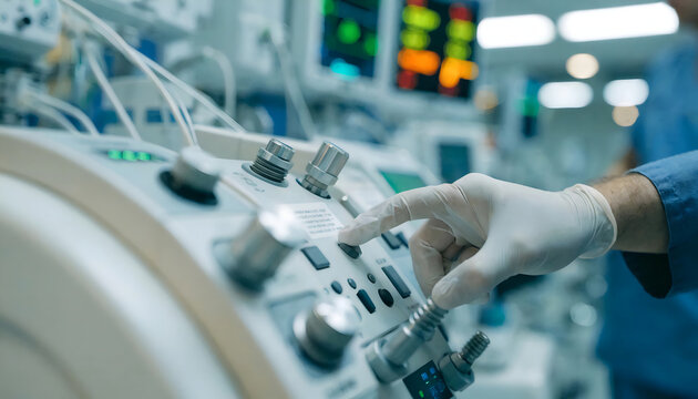 A gloved hand operating a medical control panel with knobs and buttons in an intensive care or operating room setting.
