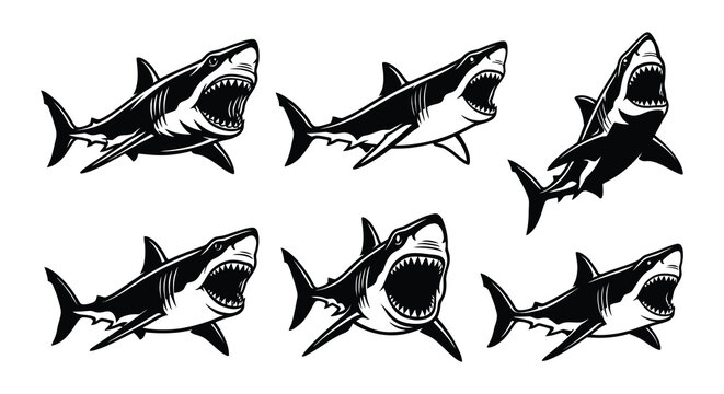 Shark silhouettes vector black and white silhouette