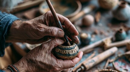 Fototapeta premium Artists hands applying smooth glaze on miniature pottery in a contemporary workshop focus on textured surfaces with background softly fading to reveal scattered clay tools