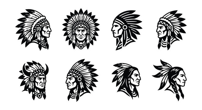 Native american chief portraits vector illustration black