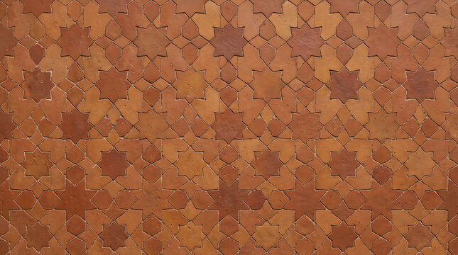 Background texture of orange terracotta star pattern tiles for mediterranean architectural wallpaper and professional interior backdrop design with traditional mosaic pattern 4k