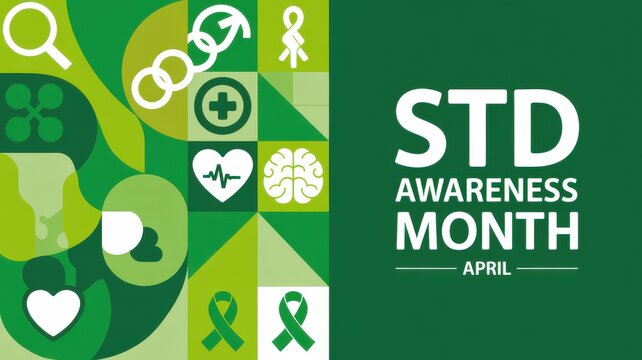 STD Awareness Month, April, with medical and health icons on a green background