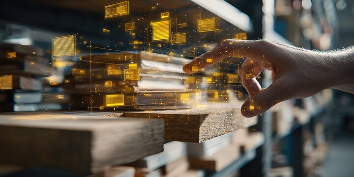 Hand interacting with holographic inventory display in warehouse setting.