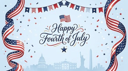 Obraz premium Elegant Happy Fourth of July festive greeting card design with patriotic ribbons and monuments