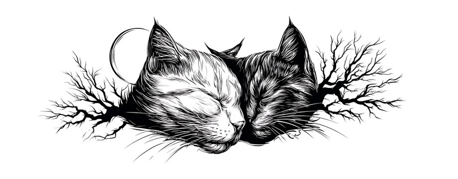 Kawaii kitten hugging theme two sleeping cats ink illustration with bare tree branches and moon, surreal feline art for gothic design