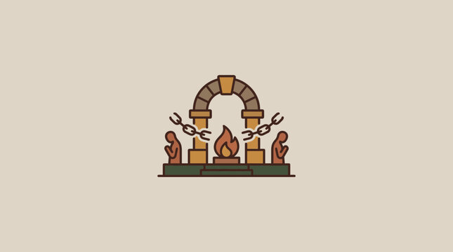 Ancient Archway with Fire and Broken Chains Vector Illustration for Freedom and Liberation