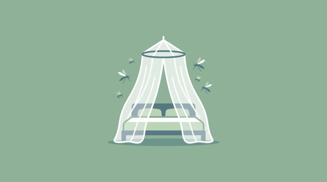 Bed with Mosquito Net and Flying Insects Illustration