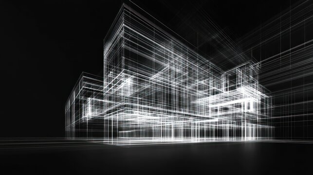 Abstract wireframe rendering of a building against a dark background, perspective view