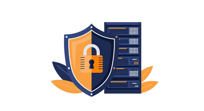 Cyber Security Concept Vector Illustration Featuring a Shield with Padlock Protecting a Server Rack, Symbolizing Data Protection and Network Safety