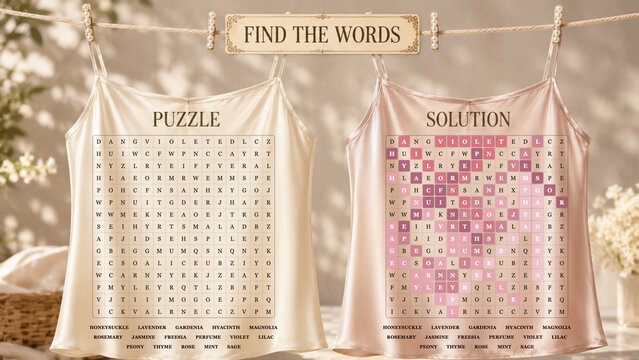 Word search brain teaser printed on luxury satin silk camisole tops with pearl pins