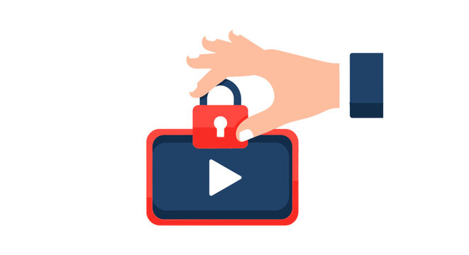 Video Content Protection and Digital Rights Management Concept Illustration with Hand Holding a Padlock Over a Media Player Icon