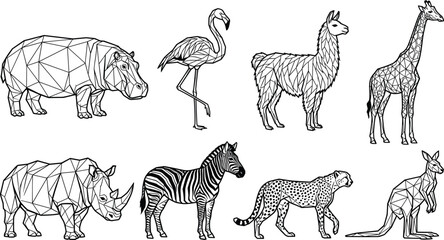Fototapeta premium Geometric Low Poly Safari Animal Vector Collection Featuring Hippo Flamingo Llama Giraffe Rhino Zebra Cheetah and Kangaroo for Modern Wildlife Graphic Design Projects
