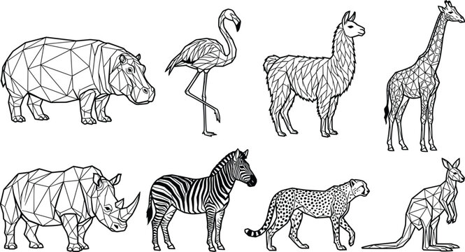 Geometric Low Poly Safari Animal Vector Collection Featuring Hippo Flamingo Llama Giraffe Rhino Zebra Cheetah and Kangaroo for Modern Wildlife Graphic Design Projects