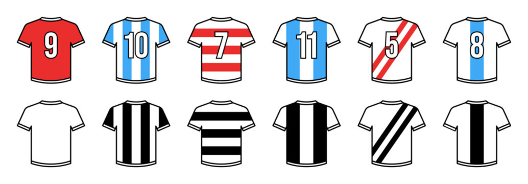 Soccer Jersey and Football Shirts Vector Illustrations. Set of Football Shirt, Soccer or Sports Jersey with Player Number. Sports Team Kit Soccer Jersey Icons. 
