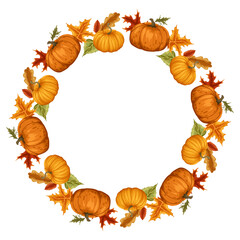Fototapeta premium Pumpkin circle frame with assorted autumn gourdsand fall leaves. Vector hand drawn illustration for fall packaging design, Thanksgiving cards, labels, stickers and seasonal decor.