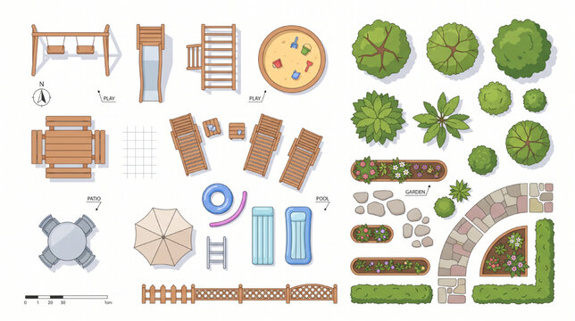 Top View Family Recreation Backyard Assets Set with Children Play Area Sandbox Picnic Table Outdoor Seating Pool Accessories Garden Trees Landscape Symbols