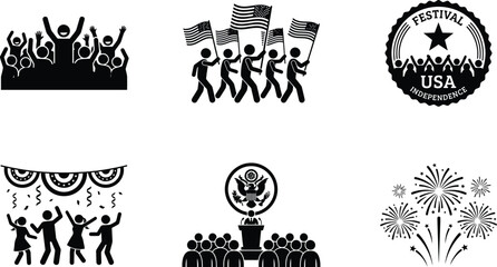 Fototapeta premium United states independence day vector icons crowd flags seal fireworks and celebration graphics