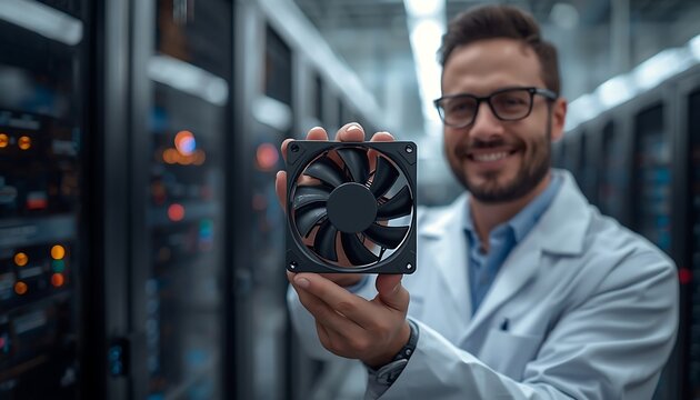 An engineer proudly displays a black square computer fan, highlighting its powerful blades and design in a server room.