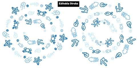 Scattered Blue Sea Creatures and Ocean Elements Doodle Background - Editable Stroke. © Emran Graphics