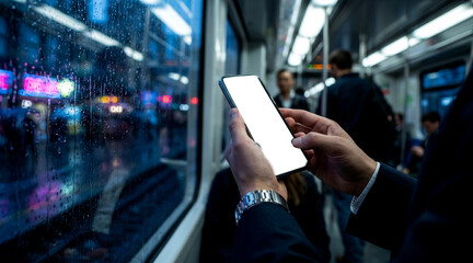 Obraz premium Businessman holding smartphone with blank white screen inside a rainy commuter train at night city
