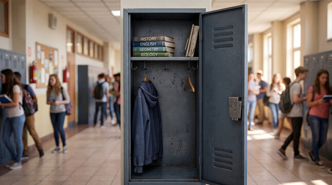 Open school locker with books and jacket in a crowded high school hallway.