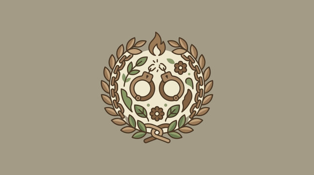Broken Handcuffs Liberation Emblem with Laurel Wreath and Flame Illustration