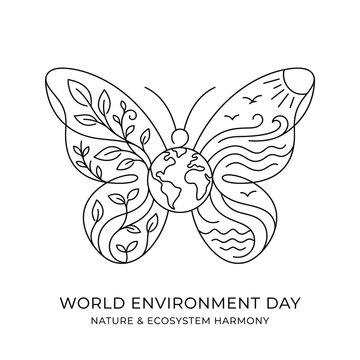 World environment day vector butterfly with earth and nature elements outline for harmony.