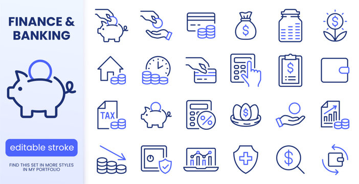 Retirement money line icon set. Pension fund, profit growth, piggy bank, finance budget, income minimal vector illustration. Simple outline signs for investment. Blue duotone color. Editable Stroke.