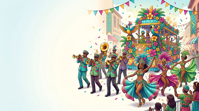 Colorful street carnival parade with dancers and marching band